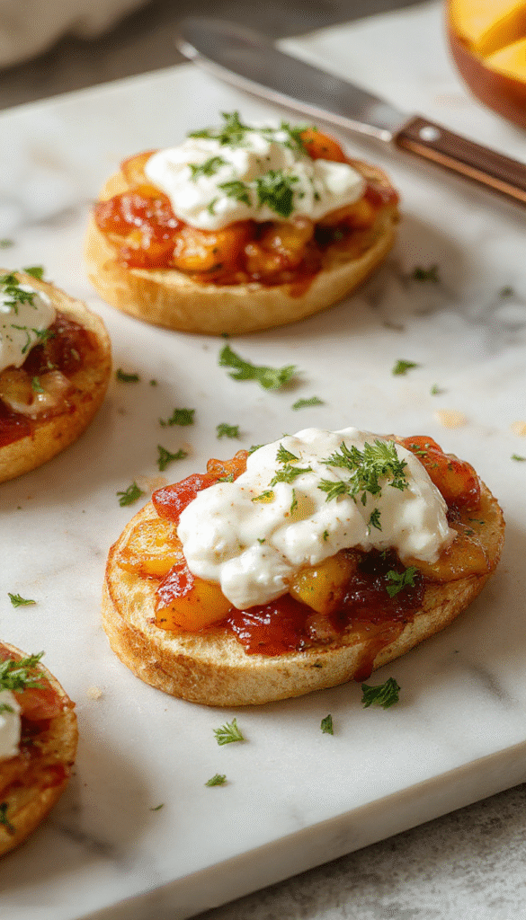 A vibrant serving of peach bruschetta featuring sliced ripe peaches on toasted baguette slices, topped with creamy whipped ricotta and garnished with fresh mint leaves, colorful and inviting.