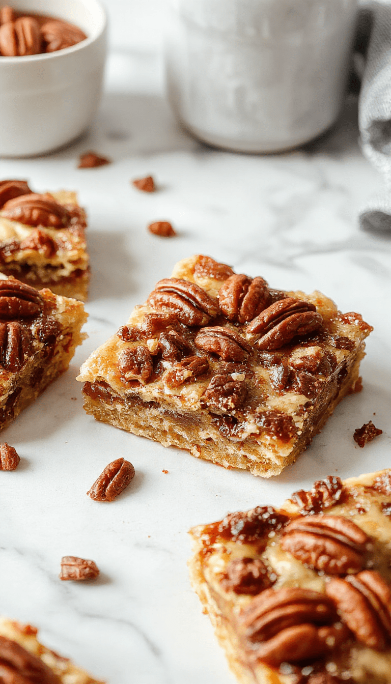 Colorful pecan pie bars on a rustic wooden board, topped with caramelized pecans and a golden crust, garnished with powdered sugar and fresh mint for a tempting presentation.