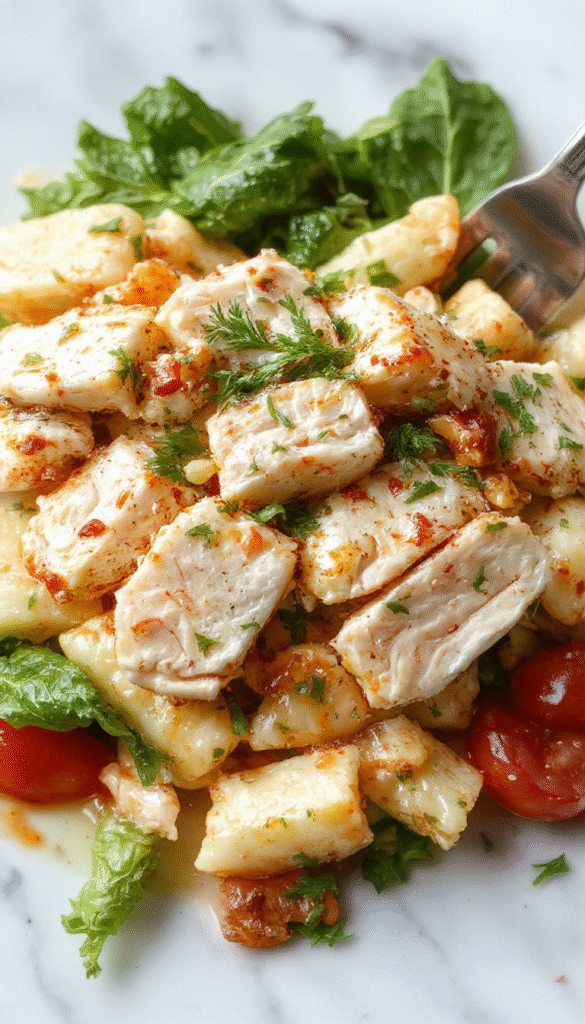 Colorful Mediterranean chicken pasta salad arranged on a white plate with vibrant cherry tomatoes, kalamata olives, cucumber slices, and chunks of seasoned grilled chicken, garnished with fresh parsley and crumbled feta cheese, showcasing a mix of textures and bright Mediterranean colors.