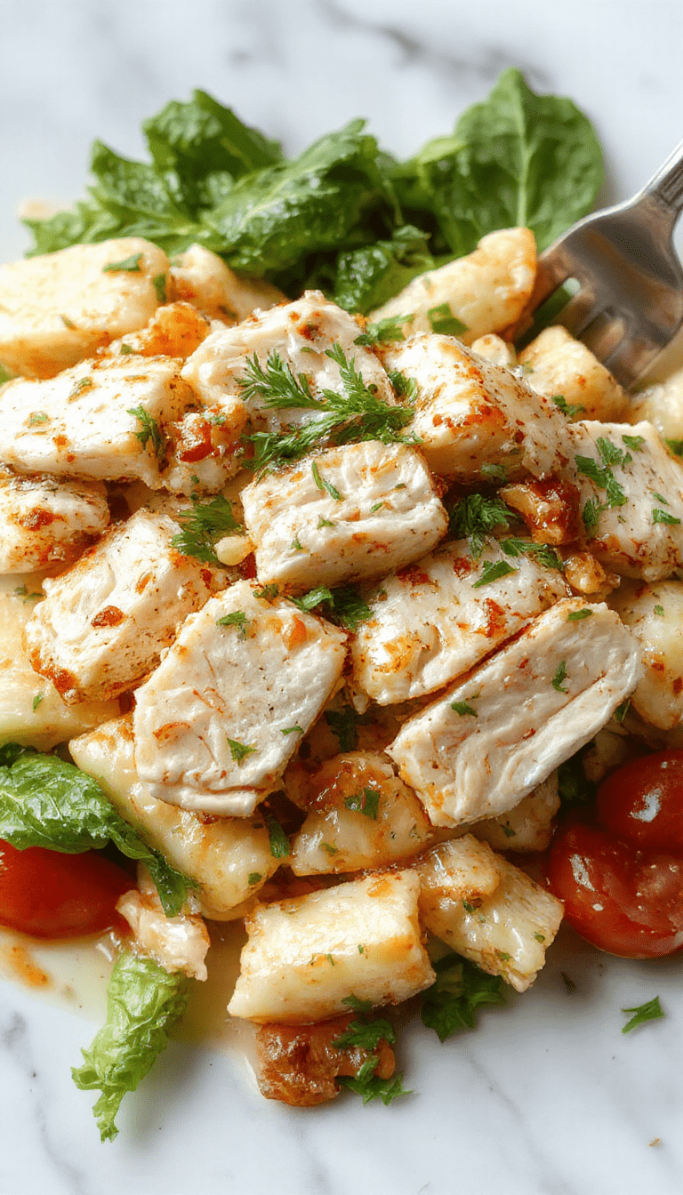 Colorful Mediterranean chicken pasta salad arranged on a white plate with vibrant cherry tomatoes, kalamata olives, cucumber slices, and chunks of seasoned grilled chicken, garnished with fresh parsley and crumbled feta cheese, showcasing a mix of textures and bright Mediterranean colors.