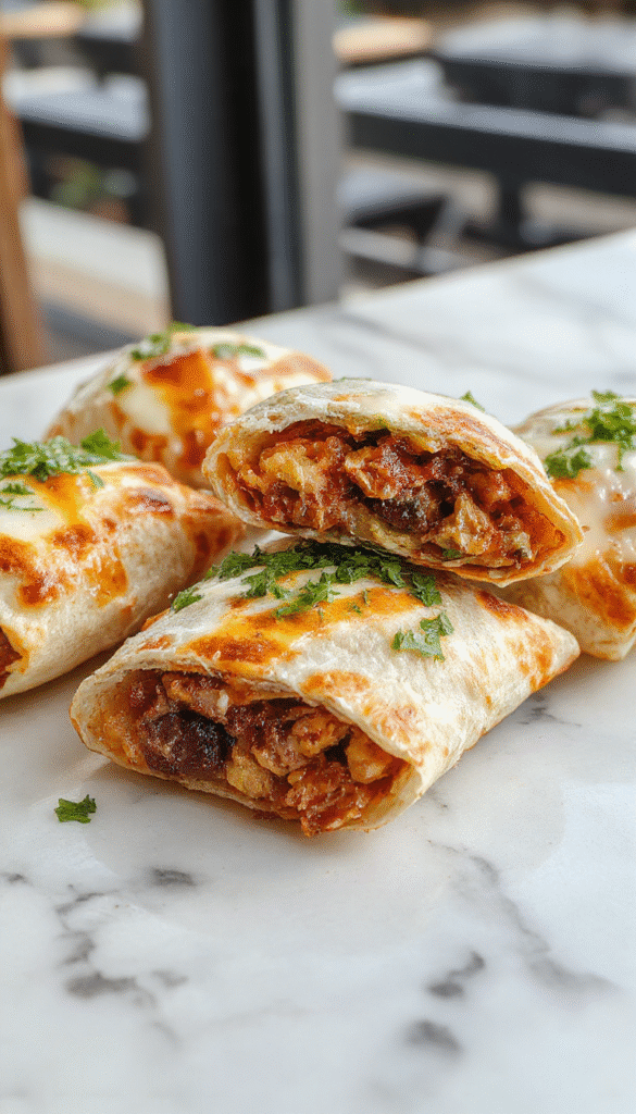 Colorful mini quesadillas with crispy golden-brown edges, filled with melted cheese, seasoned beef, and fresh toppings, arranged on a rustic wooden platter, garnished with cilantro and sliced jalapenos, styled with vibrant ingredients for an inviting snack presentation.