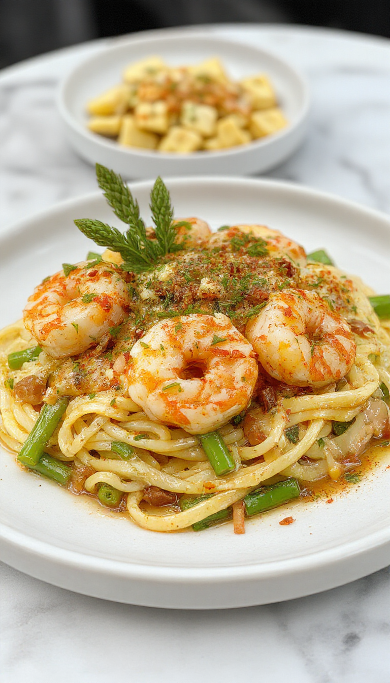 A vibrant plate featuring tender asparagus spears and succulent shrimp arranged on a bed of fine angel hair pasta, garnished with fresh herbs and a drizzle of olive oil, with a colorful backdrop of cherry tomatoes and lemon wedges, styled elegantly on a white plate with a rustic wooden table.