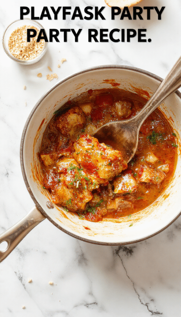A vibrant, close-up shot of a large pot with a heaping serving of savory, cheesy dish with shredded meat and melted cheese on top, garnished with fresh herbs. The pot sits on a rustic wooden surface with scattered ingredients and utensils, evoking a lively playoff celebration atmosphere.