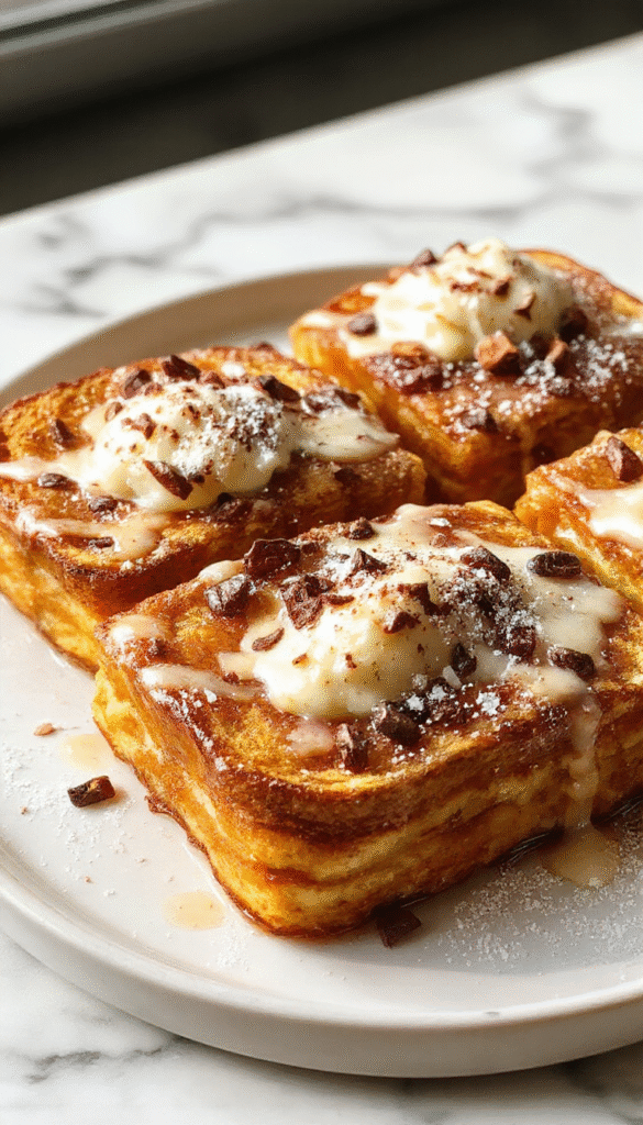 A vibrant plate of pumpkin French toast topped with whipped cream, caramelized pumpkin slices, and a sprinkle of cinnamon, served on a rustic white plate with a cinnamon stick garnish, set against a cozy autumn-themed background with maple leaves.