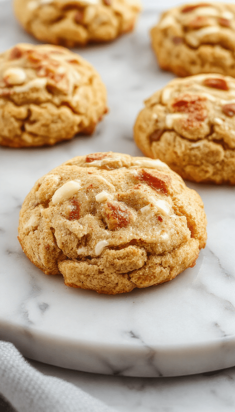 A close-up of freshly baked apple cinnamon snickerdoodle cookies arranged on a rustic plate. The cookies have a golden-brown exterior with a cinnamon sugar coating, and visible chunks of apple inside. The background features cinnamon sticks, apple slices, and a sprinkle of cinnamon powder, highlighting warm autumnal colors and inviting textures.