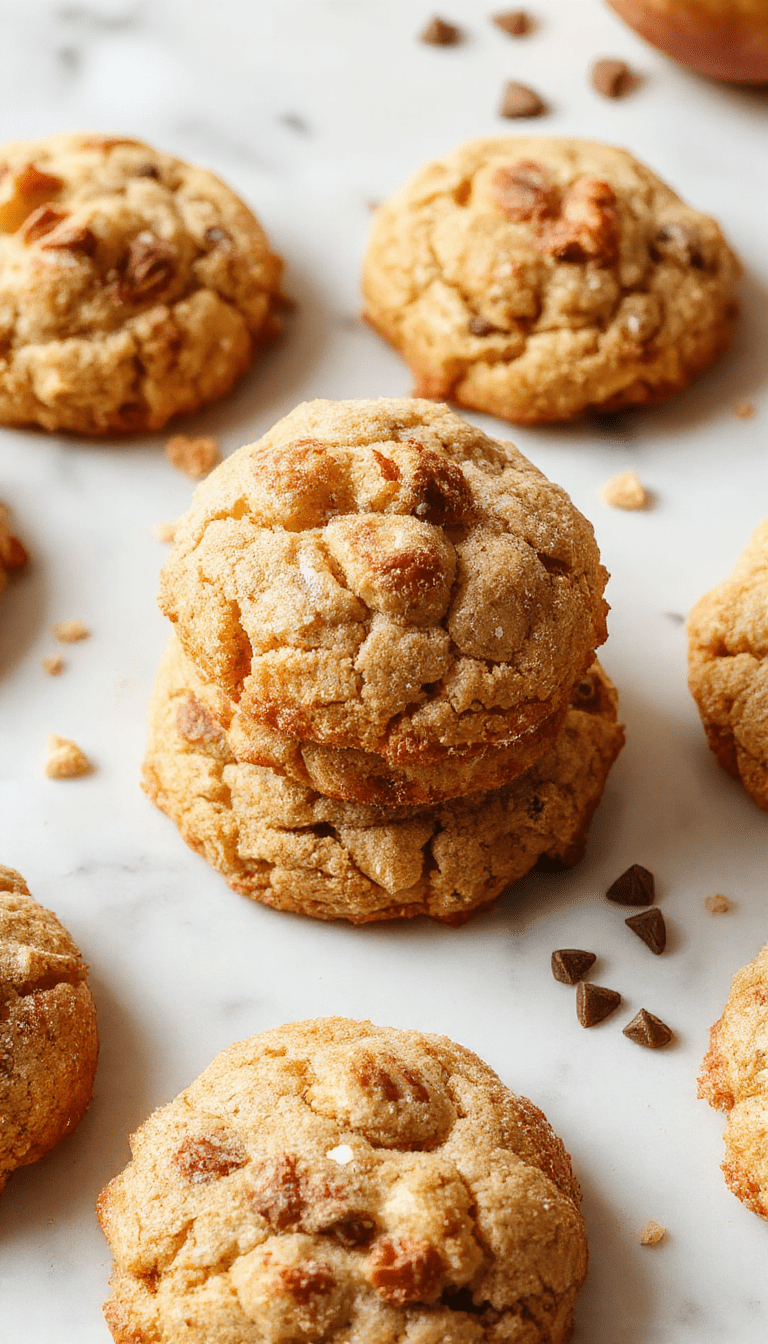 A close-up of golden-brown apple cinnamon snickerdoodle cookies sprinkled with cinnamon sugar, arranged on a rustic wooden platter with a cinnamon stick and apple slices in the background. The cookies have a slightly cracked surface with a soft, chewy texture visible. The vibrant cinnamon and apple slices add a warm, inviting color palette to the scene.