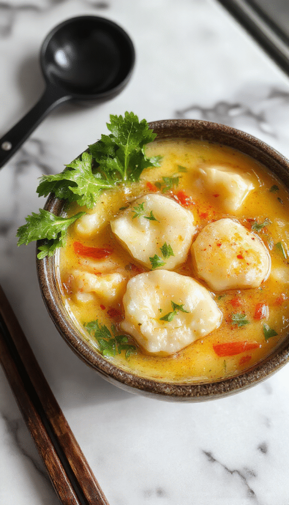 A steaming bowl of wonton soup with tender wontons floating in a clear, fragrant broth, garnished with finely chopped green onions and cilantro, against a rustic wooden table background, showcasing vibrant colors and inviting textures.
