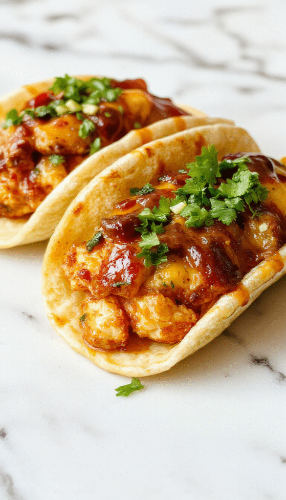 Colorful mini chicken tacos arranged on a white plate with fresh lettuce, diced tomatoes, shredded cheese, and creamy sauce drizzled on top. The tacos are golden brown with crispy edges, garnished with chopped cilantro, and set against a rustic wooden background with a sprinkle of spices around.