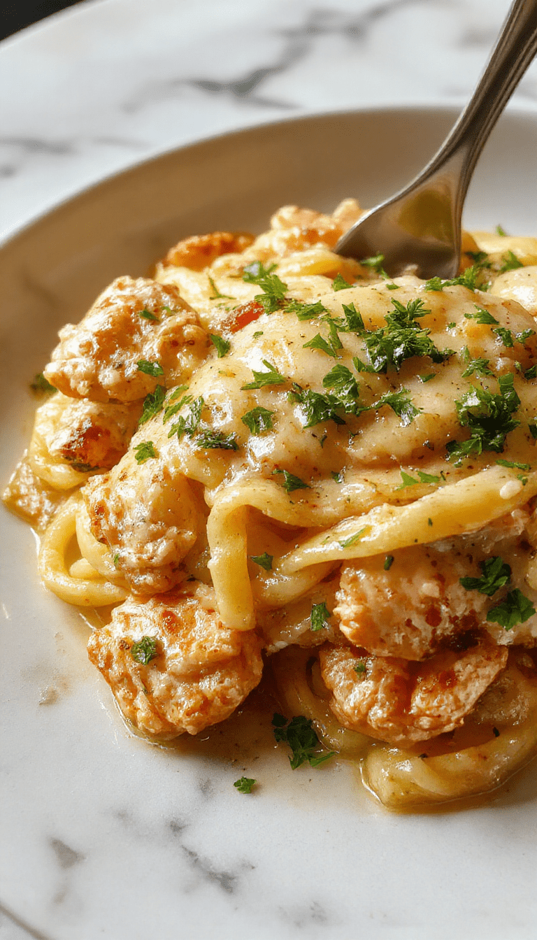 A close-up of a creamy chicken pasta dish on a white plate, showcasing tender chicken pieces coated in a rich, velvety sauce with steam rising, garnished with chopped herbs and served with a sprinkle of cheese, styled on a rustic wooden table with fresh herbs in the background.
