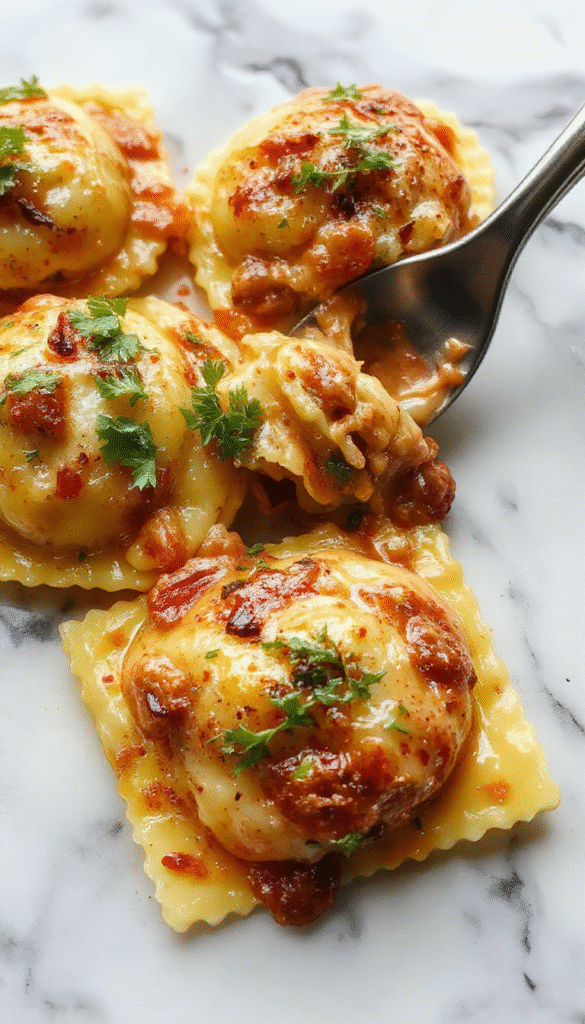 A close-up of a white plate filled with creamy Tuscan ravioli, garnished with fresh basil and cherry tomatoes. The ravioli has a glossy, cheesy sauce with herbs visible on top, and the dish is styled on a rustic wooden table with a sprinkle of grated cheese and a drizzle of olive oil around the edges.
