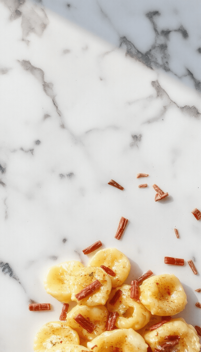 A vibrant plate of Marry Me Tortellini featuring golden-brown tortellini coated in a creamy sauce, garnished with fresh basil leaves, served on a rustic white plate with a colorful background and a sprig of herbs.