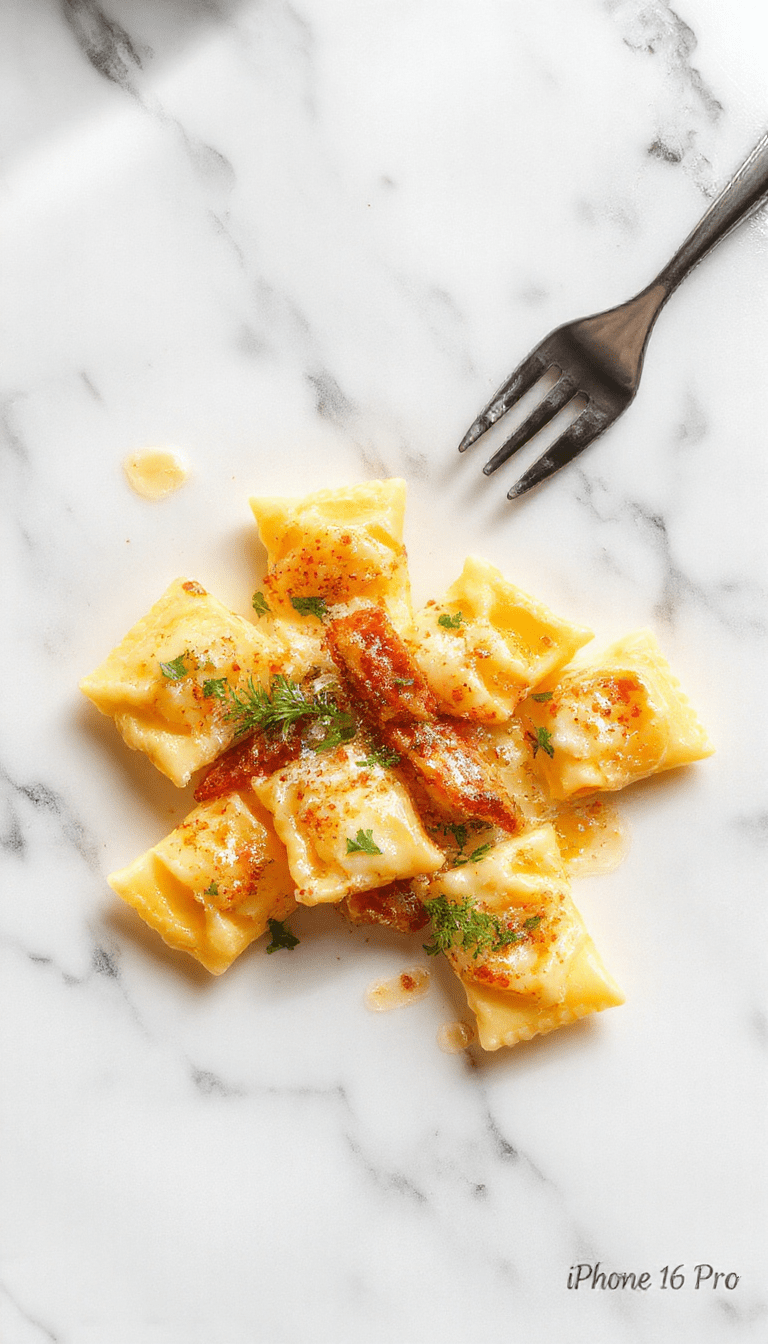 Colorful close-up of a plated dish featuring golden cheese-filled tortellini nestled in a rich, creamy sauce garnished with fresh basil leaves, vibrant cherry tomatoes, and grated Parmesan, styled on a rustic wooden surface with a sprinkle of herbs for elegance.