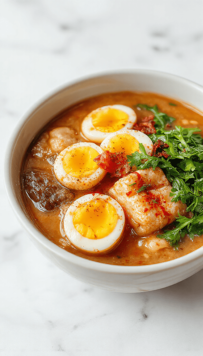 A vibrant ramen bowl filled with steaming broth, soft-boiled eggs halved to reveal their bright yellow yolks, colorful fresh greens, and plump dumplings, garnished with sliced scallions and sesame seeds, presented on a rustic wooden table with chopsticks resting beside it.