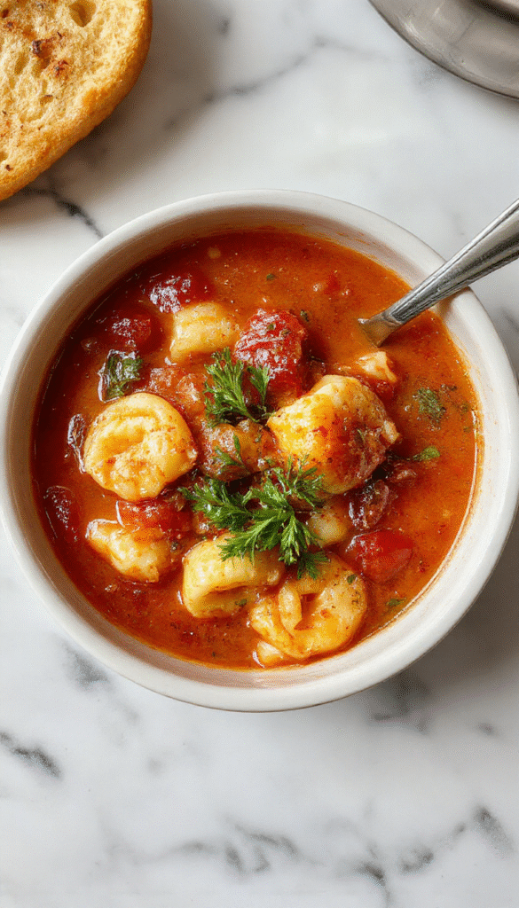 A warm bowl of tomato tortellini soup topped with fresh basil and grated Parmesan cheese, served with crusty bread on a rustic wooden table, vibrant red tomato broth contrasting with colorful tortellini and green herbs.