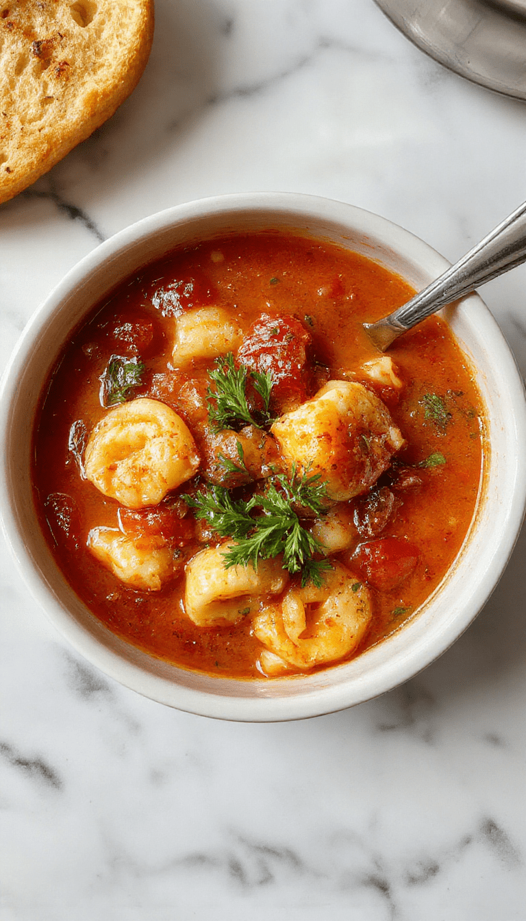 A warm bowl of tomato tortellini soup topped with fresh basil and grated Parmesan cheese, served with crusty bread on a rustic wooden table, vibrant red tomato broth contrasting with colorful tortellini and green herbs.