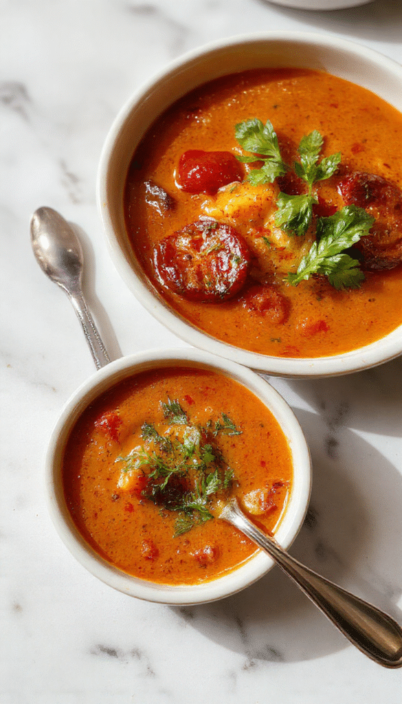 A vibrant bowl of roasted tomato soup garnished with fresh basil leaves, served in a rustic white bowl on a wooden table, with charred tomato skins and a drizzle of olive oil visible, creating a warm and inviting culinary scene with a smooth, velvety texture.