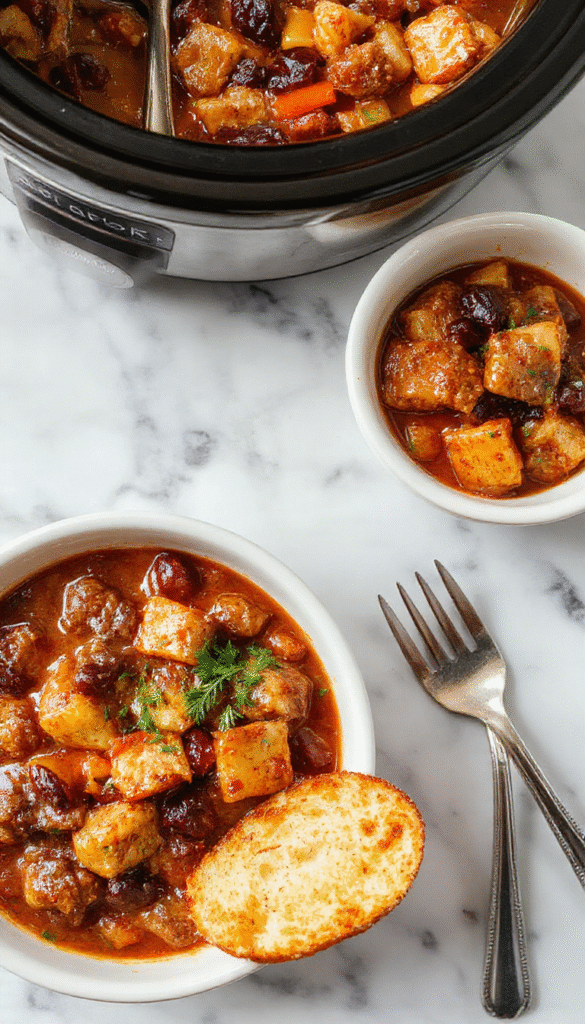 A rustic white bowl filled with hearty American goulash featuring tender ground beef, vibrant tomato sauce, and elbow macaroni, garnished with fresh parsley, set on a wooden table with a spoon and paprika scattered around, capturing a warm, comforting meal with rich reds and browns.