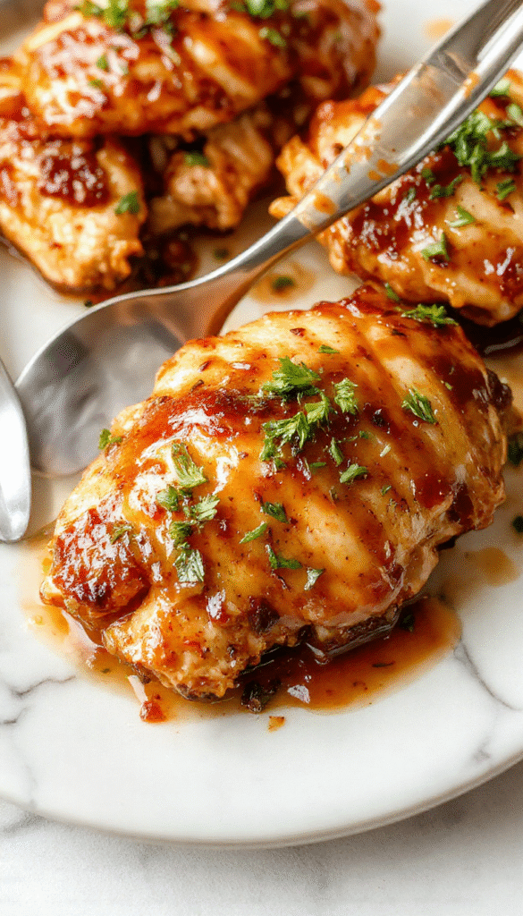 Colorful plated bourbon chicken featuring tender golden-brown chicken pieces coated in glossy bourbon sauce with a sprinkle of sesame seeds and chopped green onions, served on a rustic white plate against a dark background highlighting the savory glaze and crispy edges.