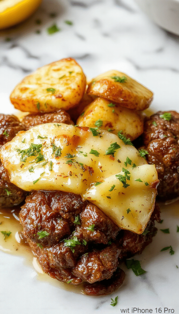 A close-up of flavorful beef bites glazed in rich garlic butter sauce, garnished with fresh herbs, served alongside golden crispy roasted potatoes on a rustic ceramic plate with a drizzle of sauce, set on a wooden table with natural lighting highlighting textures.