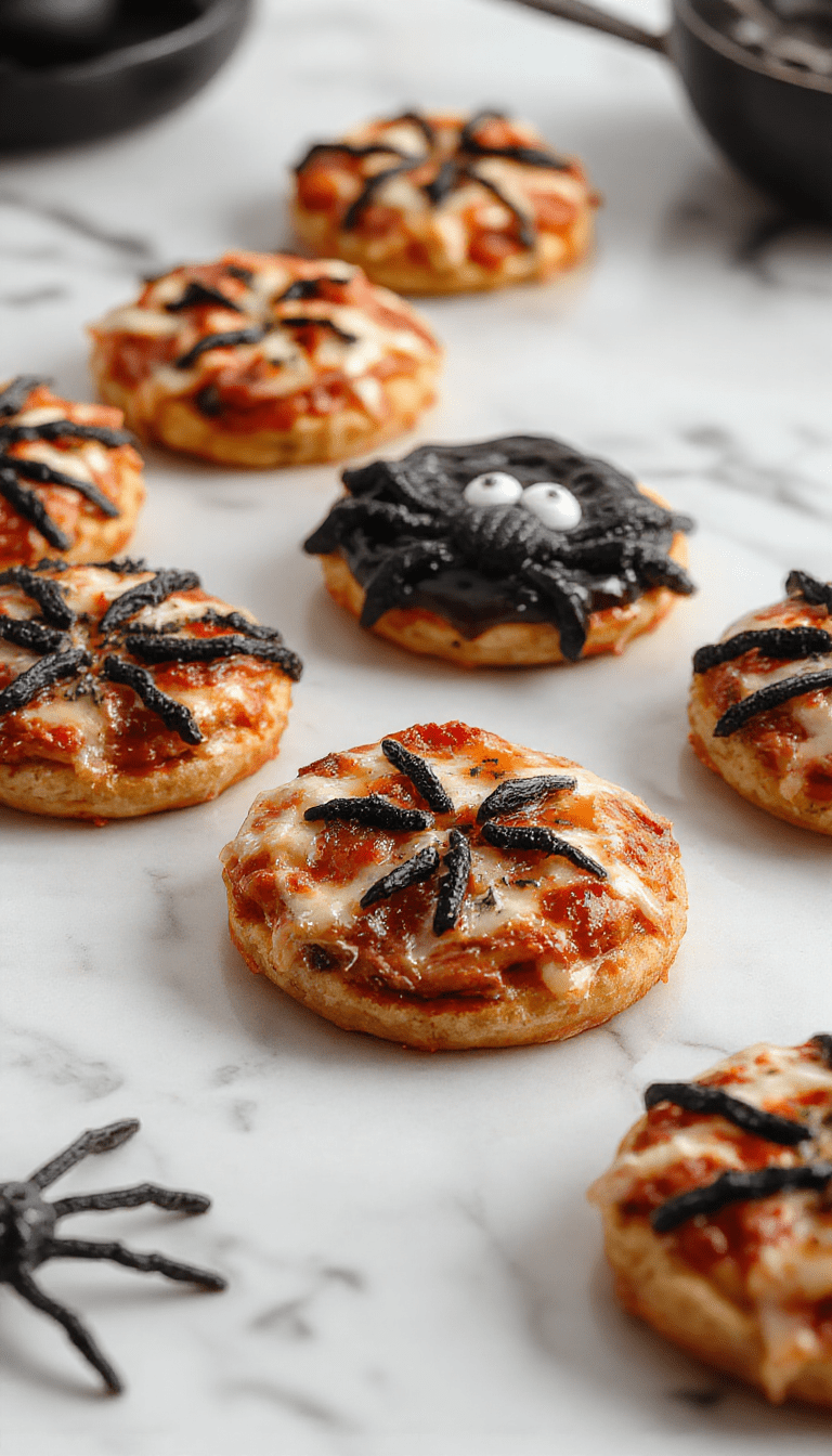 Colorful Halloween mini pizzas arranged on a black platter, featuring creative toppings like pepperoni ghosts, black olive spiders, and cheese jack-o'-lanterns, with vibrant orange and black decorations in the background, showcasing crispy crusts and playful spooky shapes.