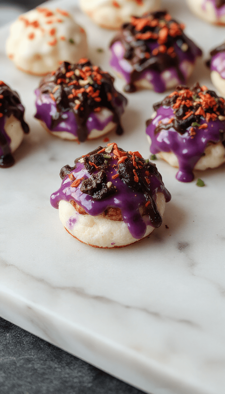 A colorful assortment of Halloween-themed appetizers arranged on a dark platter. The dishes feature spooky shapes like ghosts, pumpkins, and bats made with vibrant orange, green, black, and purple ingredients. Textures vary from crispy to creamy, with playful decorations such as edible eyes and Halloween-themed toppings, all styled creatively to evoke a festive and fun Halloween atmosphere.