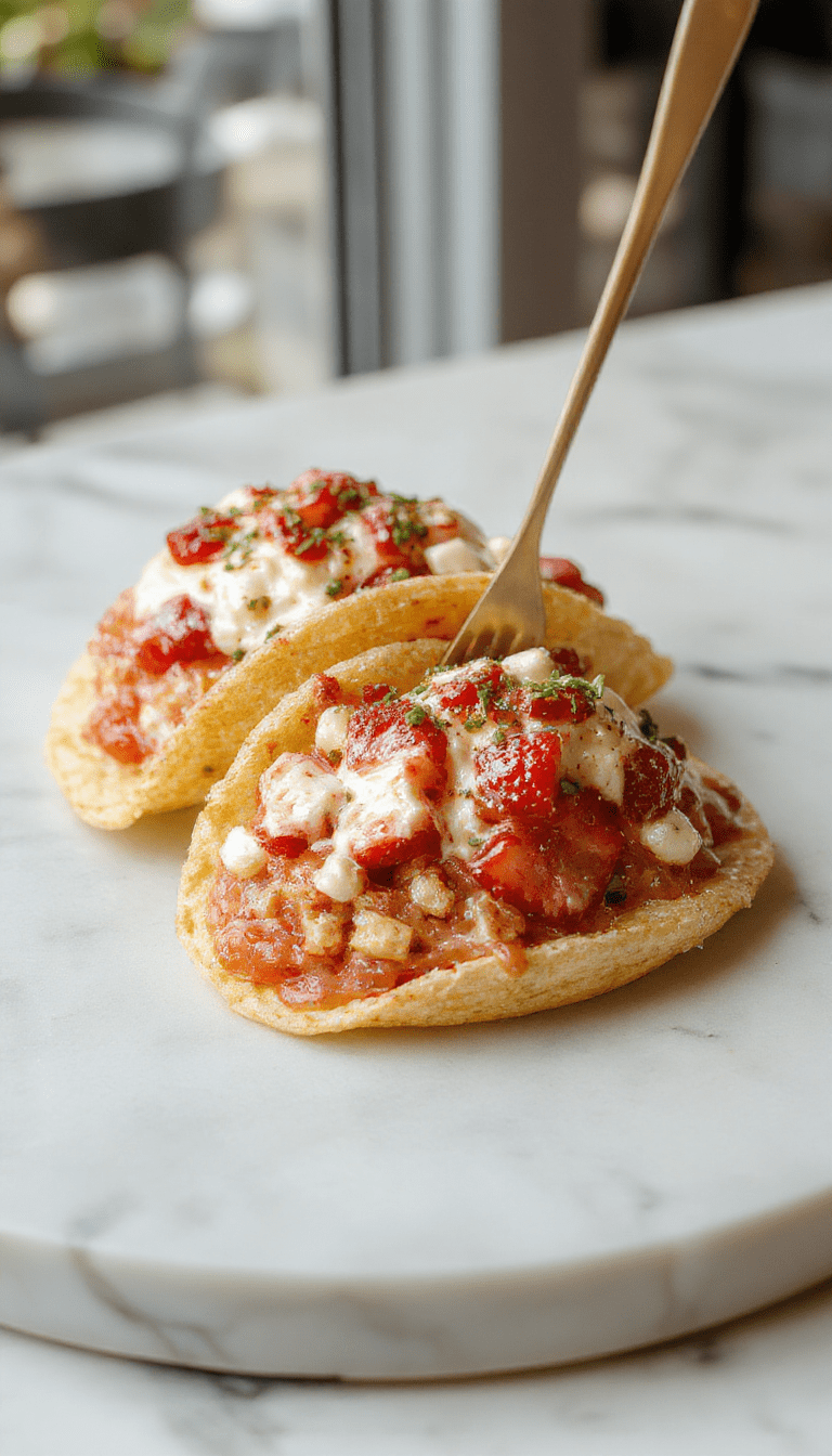 Colorful close-up of strawberry crunch cheesecake tacos on a white plate, topped with fresh strawberries, crunchy cookie crumbs, and drizzled with cream, showcasing a vibrant pink and white contrast with textured toppings.