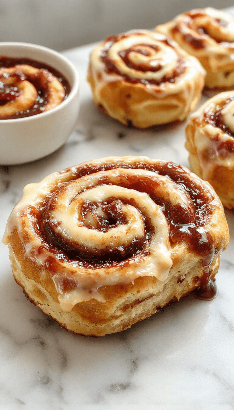 A close-up view of golden-brown swirl buns with visible layers of creamy cheese and vibrant red currant jam, beautifully arranged on a rustic wooden platter, with a soft focus background and natural lighting highlighting the glossy tops and textured swirls.