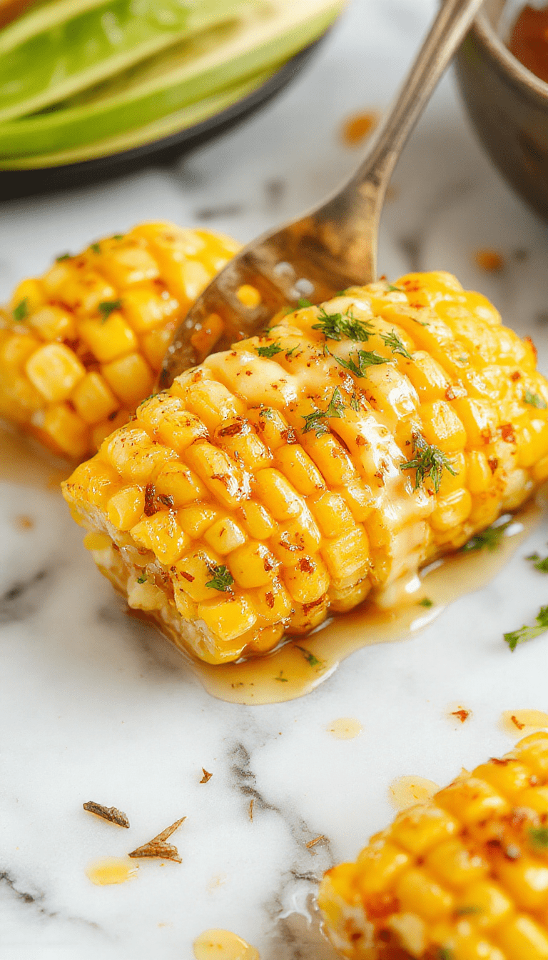 Colorful skillet filled with golden yellow corn kernels coated in glossy honey butter, garnished with fresh herbs, presented on a rustic wooden table with a vibrant kitchen background, highlighting the textures and inviting appearance.