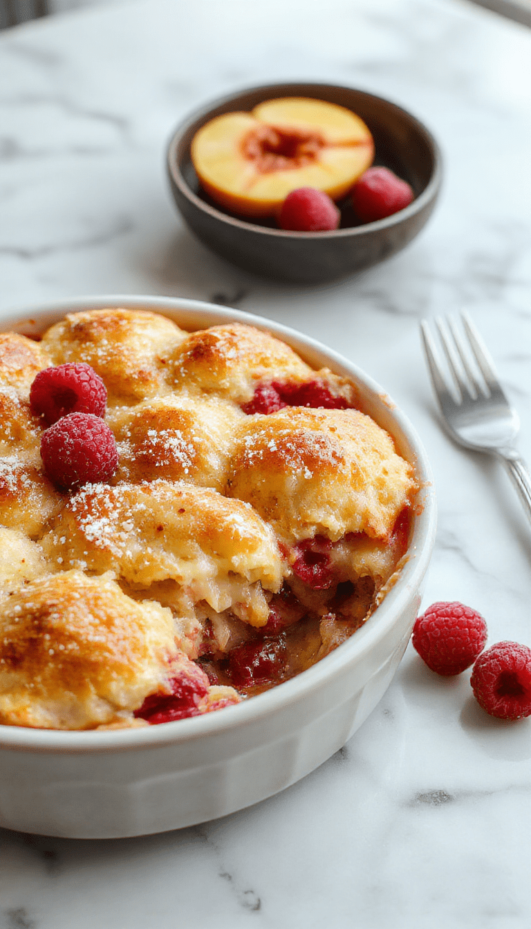 A vibrant, colorful peach and raspberry cobbler in a rustic white baking dish, topped with golden-brown crumble, garnished with fresh peach slices and raspberries, set on a wooden table with a spoon, inviting and mouthwatering.