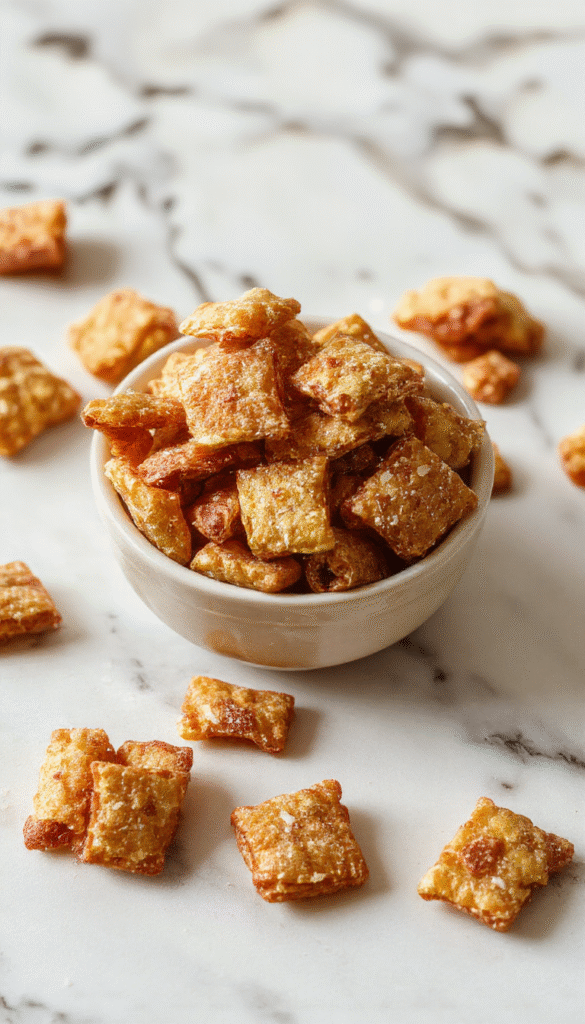 A vibrant bowl of homemade toffee Chex Mix rests on a rustic wooden table, showcasing golden-brown crispy Chex cereal coated with glossy caramel and drizzled with melted chocolate. The mix is sprinkled with crunchy nuts and sea salt, with a few pieces spilling out, inviting a sweet and salty flavor experience. The background features a cozy kitchen scene with soft natural light enhancing the textures and rich colors.