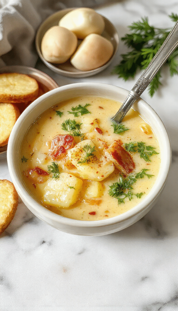 A rustic bowl of Polish potato soup featuring creamy beige broth, topped with fresh parsley, garnished with slices of cooked potatoes and crispy bacon bits on a wooden table, with a warm and inviting ambiance.