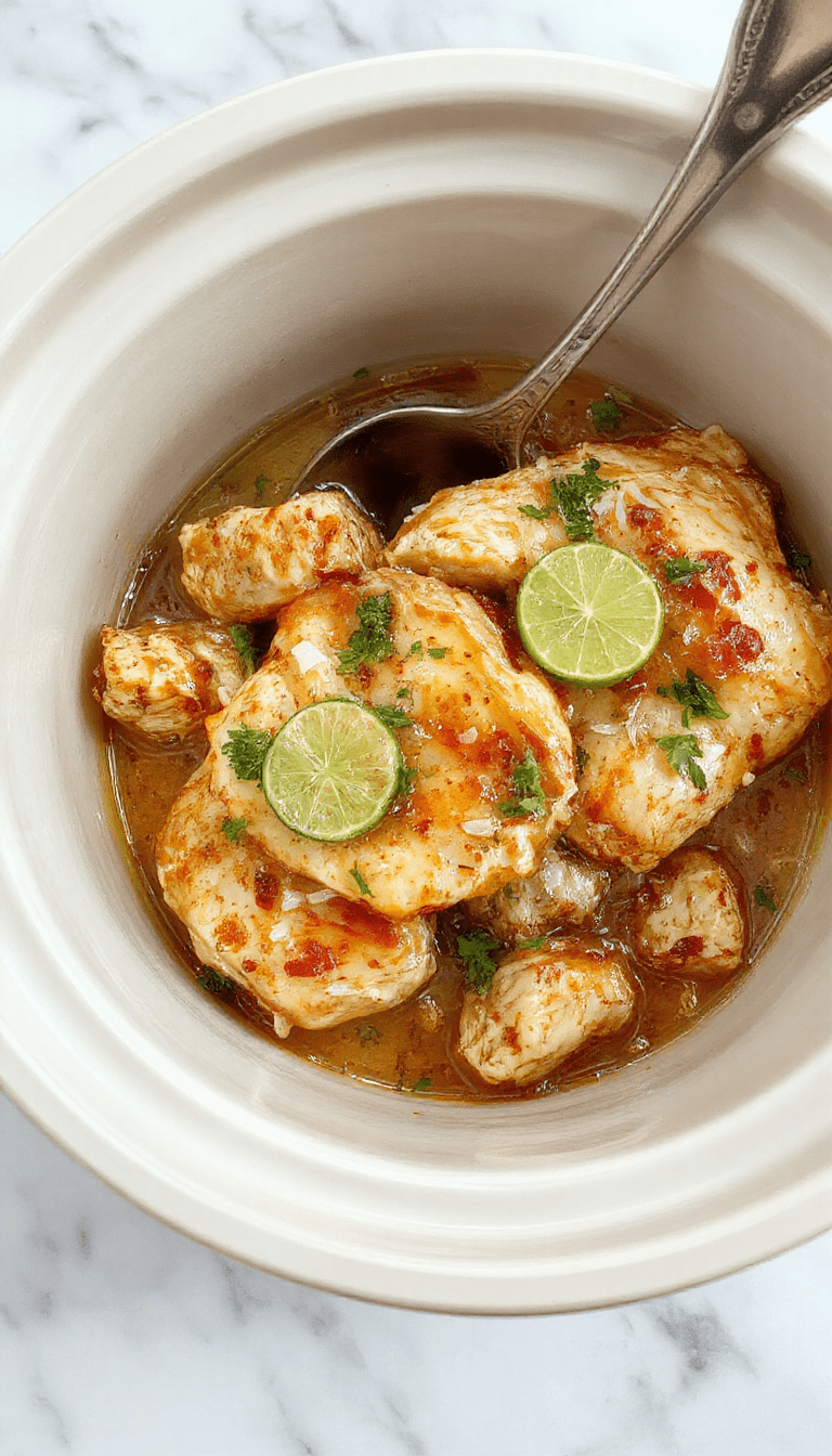 A vibrant plated dish featuring tender shredded chicken coated in a creamy coconut lime sauce, garnished with fresh lime slices and chopped cilantro, with a colorful tropical backdrop.