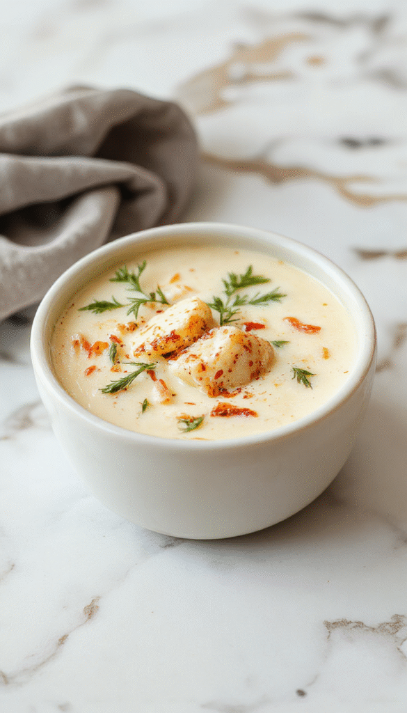 A steaming bowl of Tuscan Parmesan Cream Soup, topped with fresh basil and grated Parmesan cheese. The soup has a velvety texture with a golden hue, served in a rustic white bowl on a wooden table, garnished with a sprig of basil and accompanied by slices of crusty bread.