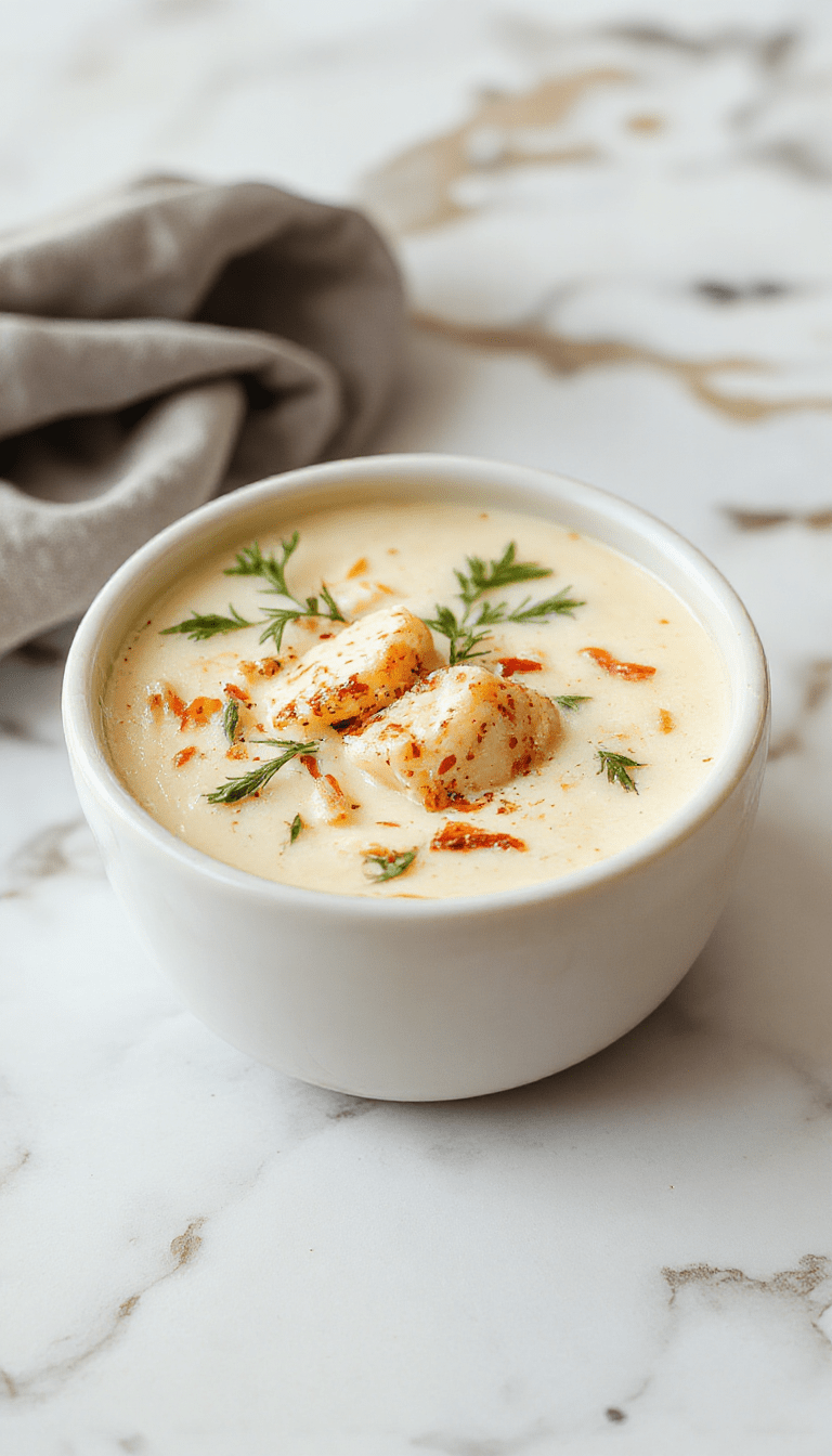 A steaming bowl of Tuscan Parmesan Cream Soup, topped with fresh basil and grated Parmesan cheese. The soup has a velvety texture with a golden hue, served in a rustic white bowl on a wooden table, garnished with a sprig of basil and accompanied by slices of crusty bread.