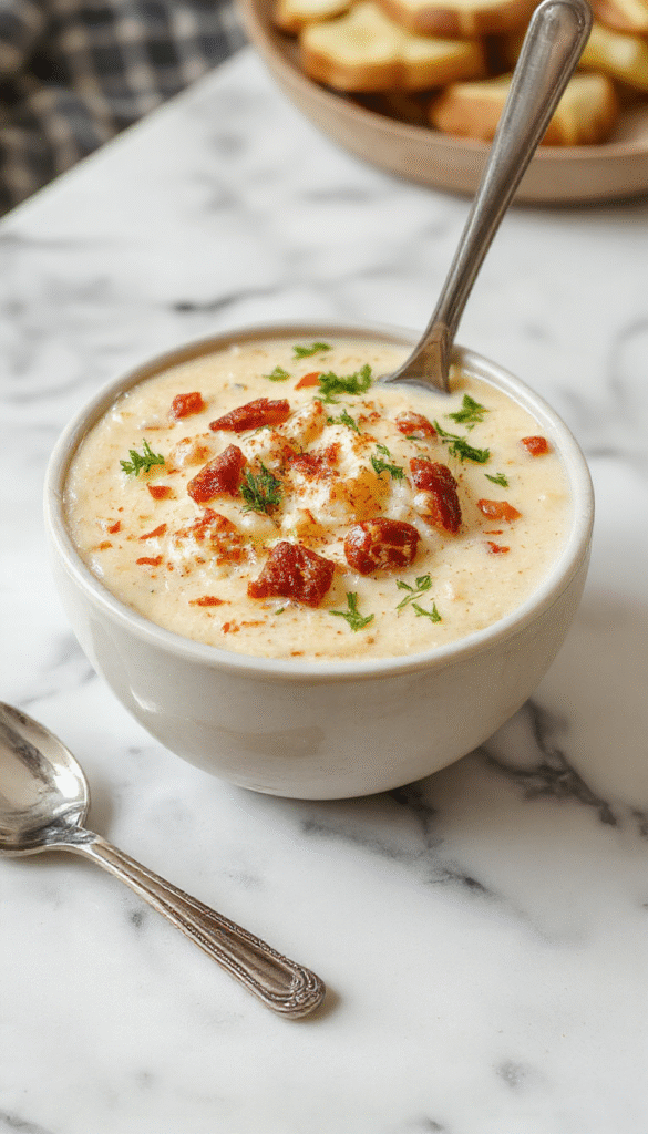 A steaming bowl of creamy loaded baked potato soup topped with crispy bacon bits, shredded cheddar cheese, chopped chives, served in a rustic white bowl on a wooden table with fresh potato and herbs around