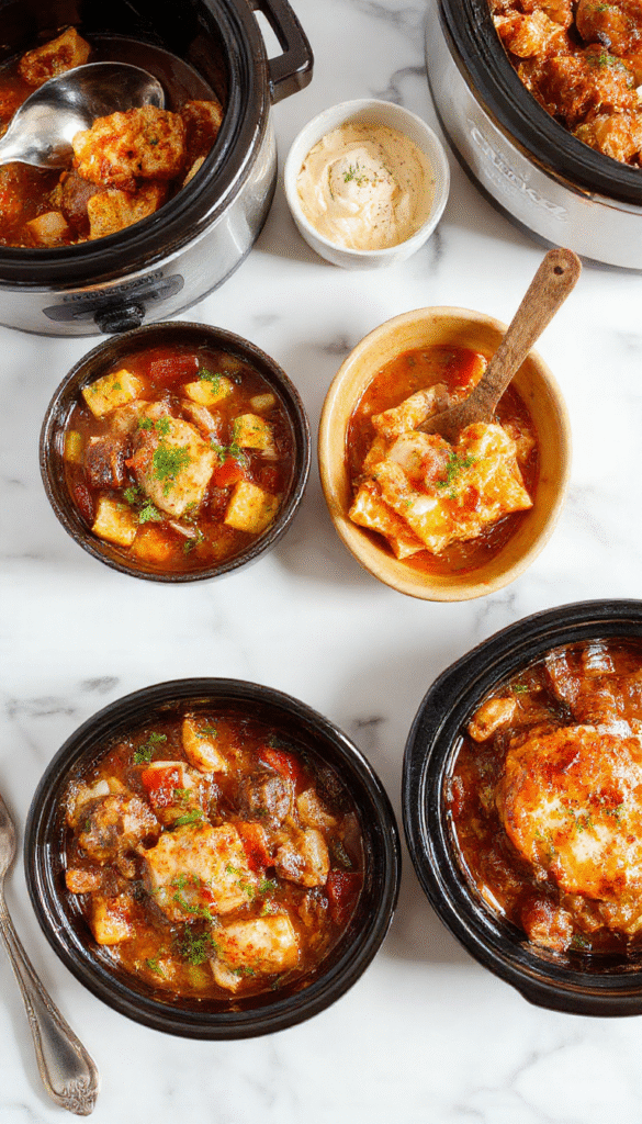 Colorful image of a steaming crockpot filled with hearty beef stew, garnished with fresh herbs, alongside a bubbling casserole dish, set on a rustic wooden table with warm lighting and a cozy kitchen background.