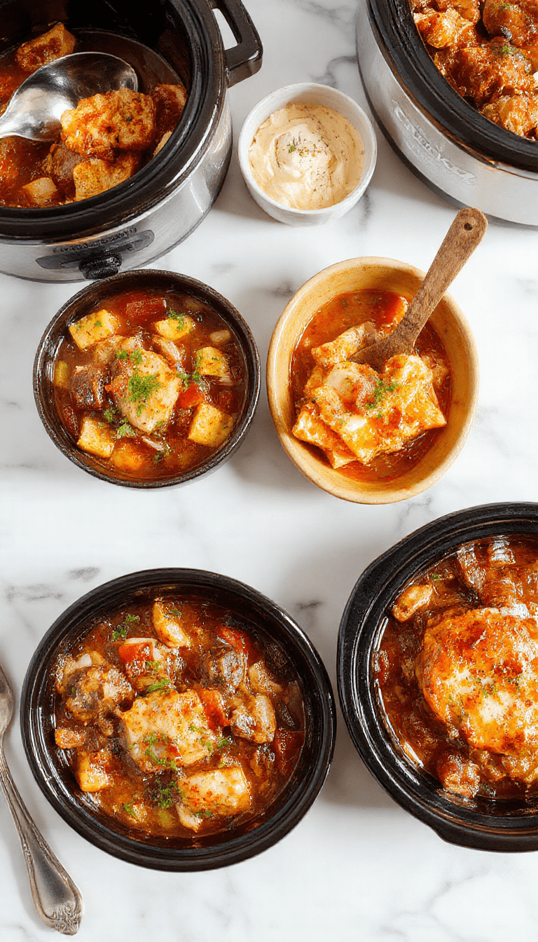 Colorful image of a steaming crockpot filled with hearty beef stew, garnished with fresh herbs, alongside a bubbling casserole dish, set on a rustic wooden table with warm lighting and a cozy kitchen background.
