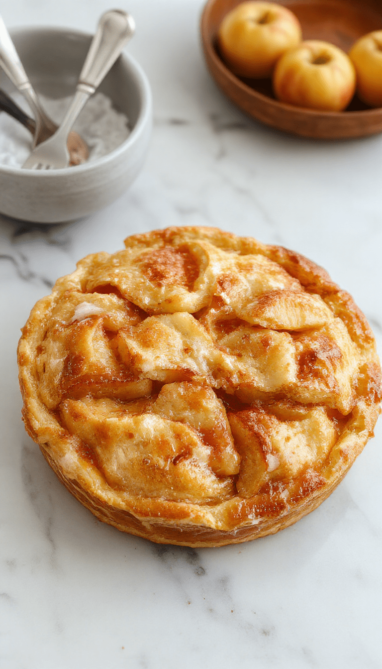 A beautifully baked apple pie with a golden, flaky crust topped with a dusting of powdered sugar. Inside, tender apple slices are visible through the lattice top, surrounded by cinnamon and sugar filling. The pie is set on a rustic wooden surface with a slice removed showing the juicy interior, garnished with a scoop of vanilla ice cream and a sprig of fresh mint.