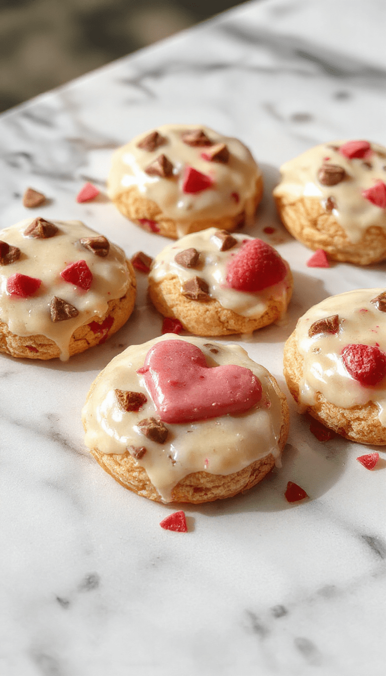 Close-up of glossy dark chocolate ganache topped cookies arranged on a white plate with red and pink heart-shaped sprinkles, soft lighting highlighting the shiny surface and rich textures.