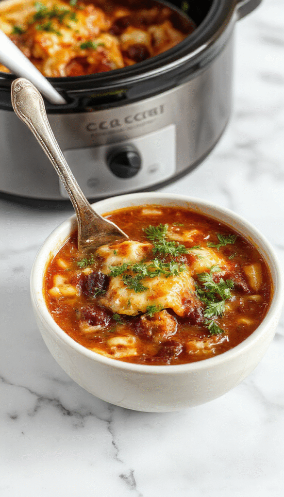 A steaming bowl of Crockpot Lasagna Soup featuring layers of rich tomato broth, melted cheese, and tender pasta, garnished with fresh basil and parmesan shavings, set on a rustic wooden table with a spoon ready for serving.