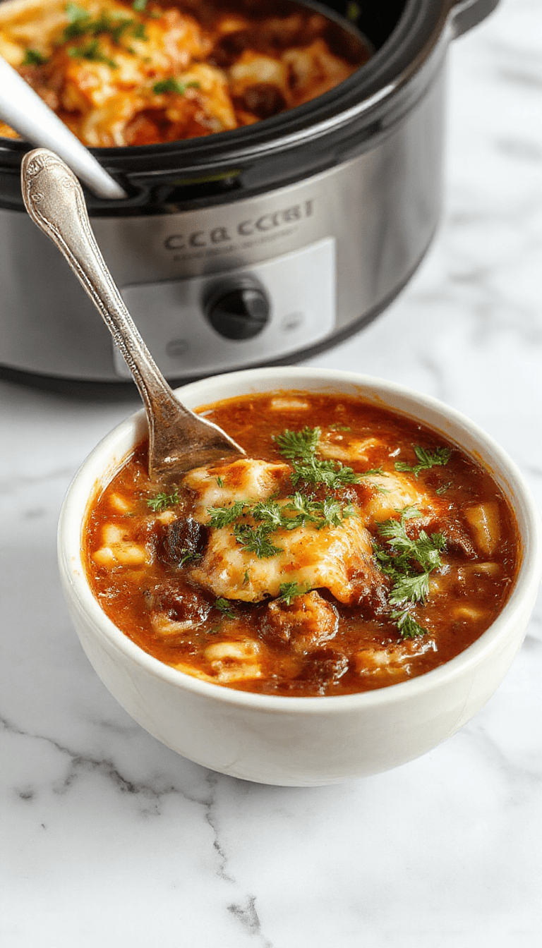 A steaming bowl of Crockpot Lasagna Soup featuring layers of rich tomato broth, melted cheese, and tender pasta, garnished with fresh basil and parmesan shavings, set on a rustic wooden table with a spoon ready for serving.
