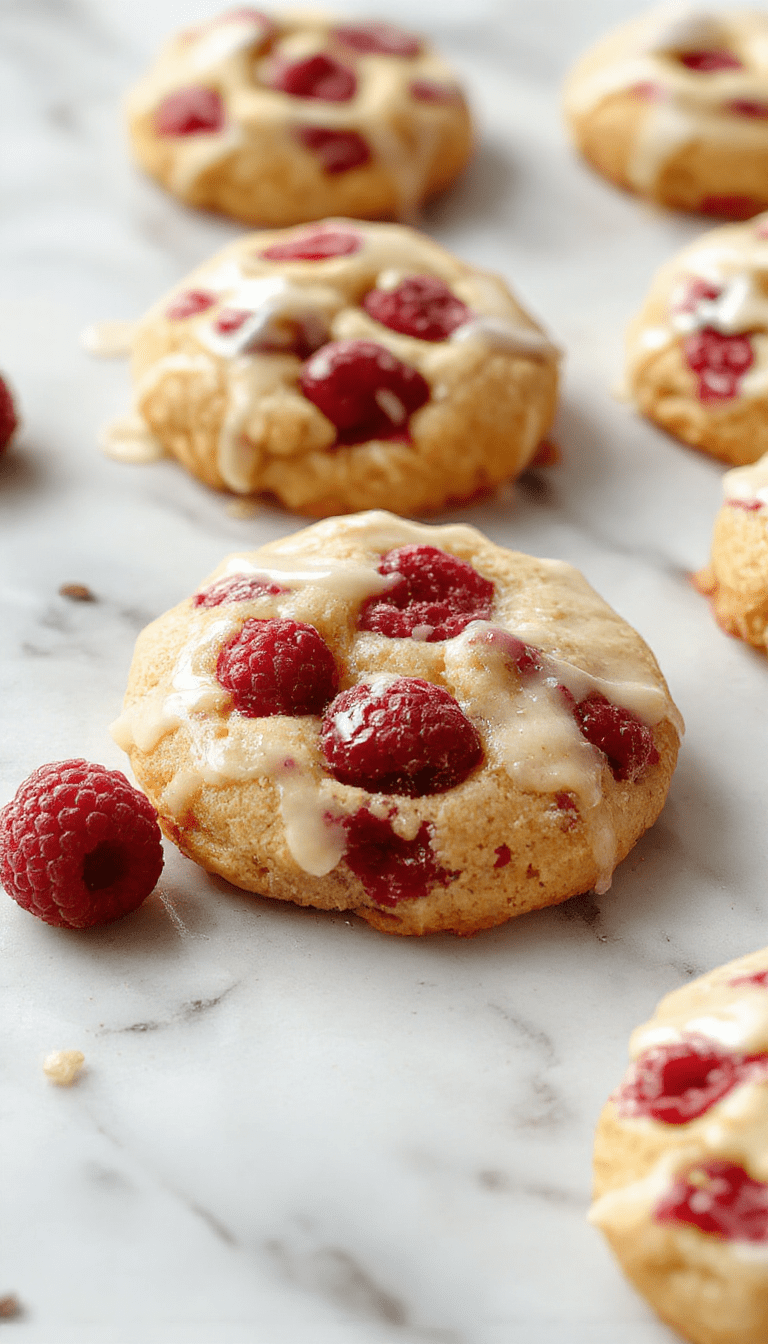 Colorful lemon raspberry cookies arranged on a white plate with fresh raspberries and lemon slices in the background, showcasing their golden edges, vibrant red berries, and textured sugar coating, styled with a sprinkle of powdered sugar.