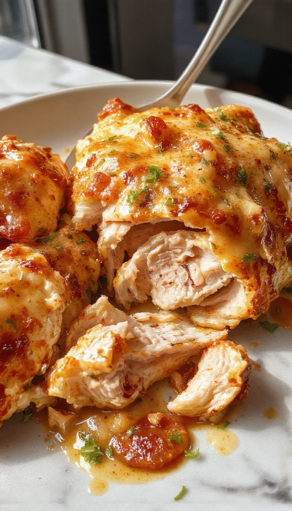 A beautifully plated Alice Springs Chicken dish featuring tender chicken breasts topped with melted cheese, crispy bacon strips, and a tangy honey mustard sauce, presented on a rustic white plate with green herbs garnishing, vibrant golden-brown crust, and contrasting dark background accentuating the savory textures and appealing colors.