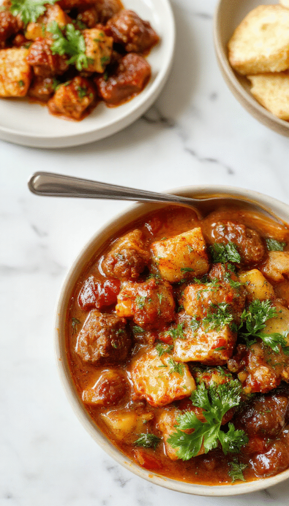 A rustic bowl of rich, thick German Goulash garnished with fresh herbs, showcasing tender chunks of beef and vibrant red bell peppers against a warm wooden background.