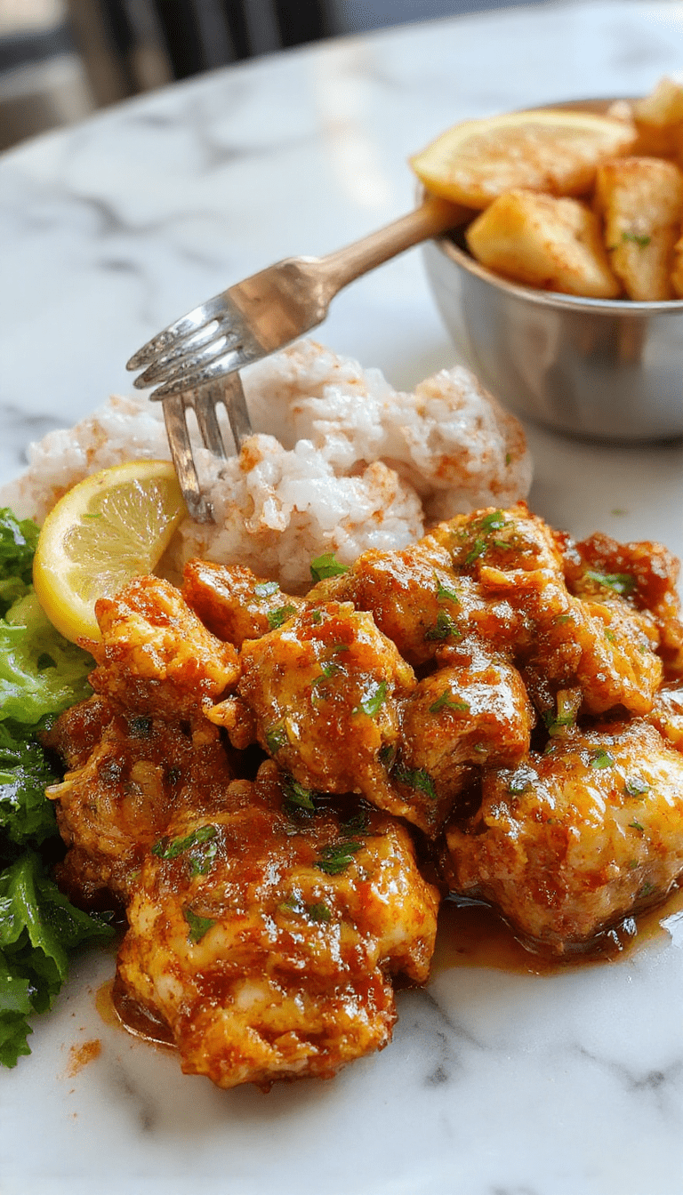 Colorful plate of authentic Jamaican curry chicken featuring golden-brown chicken chunks coated in rich, vibrant yellow curry sauce, garnished with fresh herbs, served on a rustic wooden table with side vegetables, styled for a warm, inviting Caribbean-inspired presentation.
