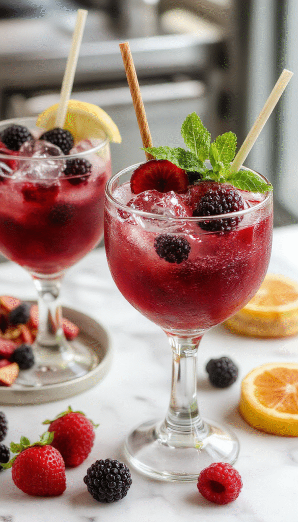 A vibrant glass of blackberry margarita smash garnished with fresh blackberries and a sprig of mint, with a salted rim and colorful straw, set on a rustic wooden table with blueberries and lime slices in the background, capturing a refreshing and summery vibe.