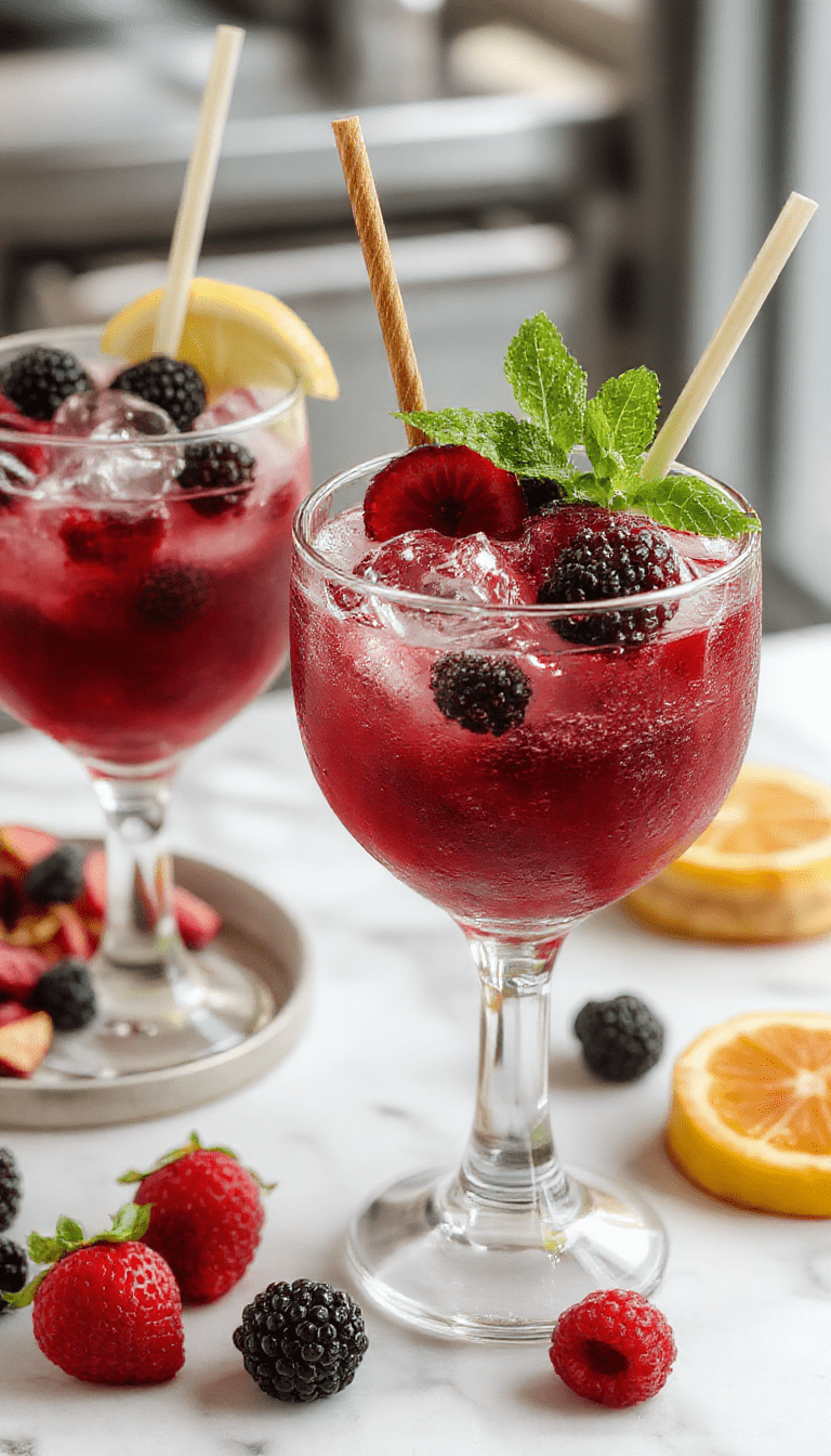 A vibrant glass of blackberry margarita smash garnished with fresh blackberries and a sprig of mint, with a salted rim and colorful straw, set on a rustic wooden table with blueberries and lime slices in the background, capturing a refreshing and summery vibe.