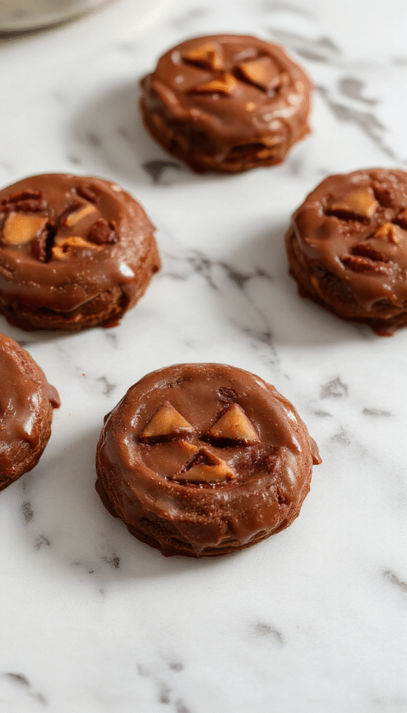 Colorful image of adorable Jack-O'-Lantern cookies filled with smooth milk chocolate, decorated with orange icing and green pumpkin stems, arranged on a rustic platter with seasonal decorations