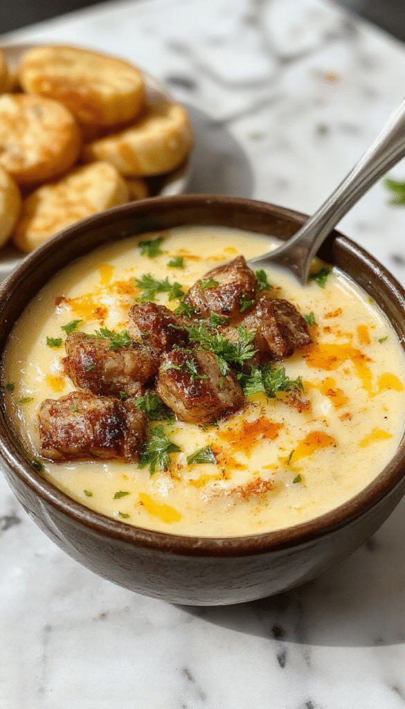 A steaming bowl of cheesesteak potato soup with melted cheese and thinly sliced beef on a creamy base, garnished with chopped green onions and served on a rustic wooden table, with a crusty bread slice beside it, vibrant colors highlighting the rich textures and inviting aroma.