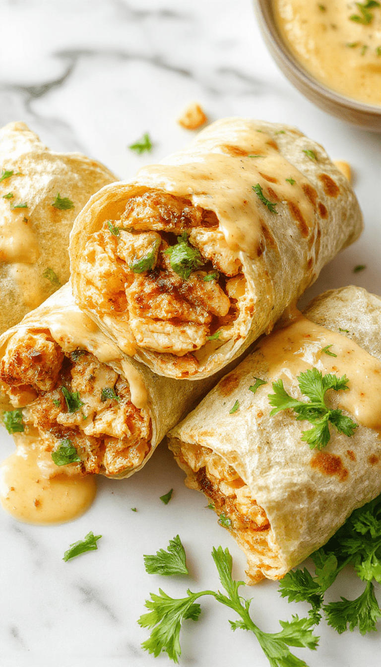 A vibrant plate of cheesy garlic chicken wraps neatly arranged with golden-brown tortilla wraps overflowing with tender chicken, melted cheese, fresh herbs, and crispy garlic bits, presented on a rustic wooden table with a side of fresh salad and a drizzle of sauce.